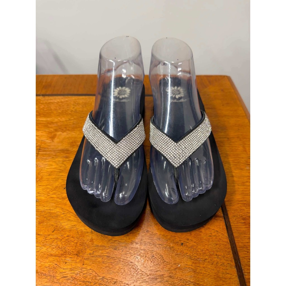 Yellow Box Cliff Black Rhinestone Platform Wedge Flip Flops Sandals Womens 6.5